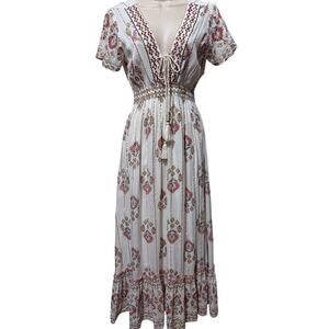Ananta Boho Maxi Dress, Ivory / Burgundy / Metallic Gold, Women's Size S/M